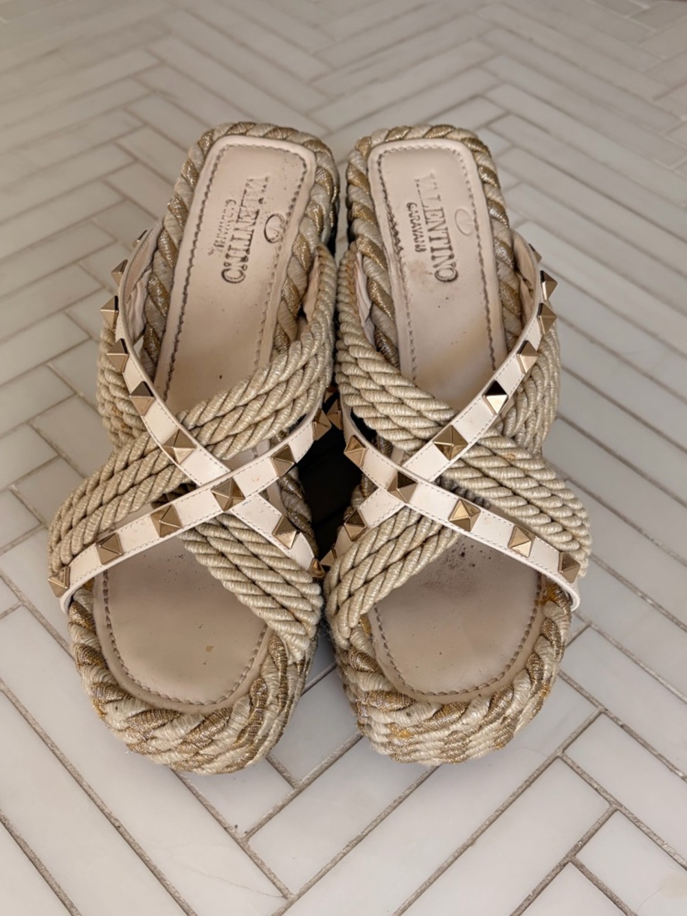 Valentino Garavani Beige Rope Wedge Sandals with Gold Pyramid Studs